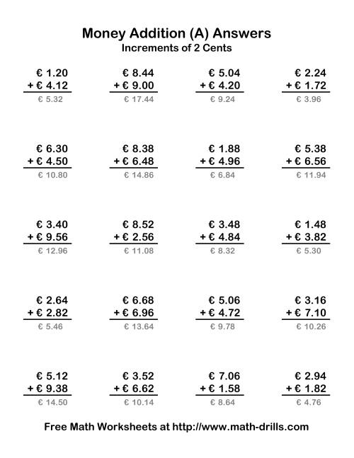 The Adding Euro Money to €10 -- Increments of 2 Euro Cents (Old) Math Worksheet Page 2