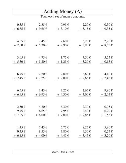 The Adding Euro Money to €10 -- Increments of 5 Euro Cents (A) Math Worksheet