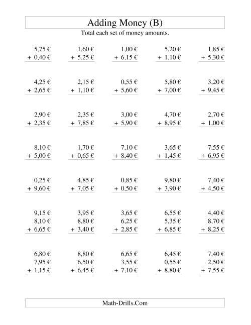 The Adding Euro Money to €10 -- Increments of 5 Euro Cents (B) Math Worksheet
