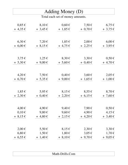 The Adding Euro Money to €10 -- Increments of 5 Euro Cents (D) Math Worksheet