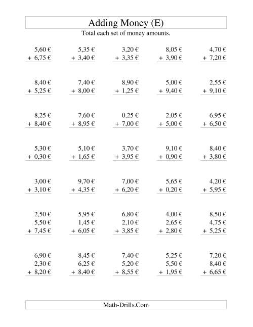 The Adding Euro Money to €10 -- Increments of 5 Euro Cents (E) Math Worksheet