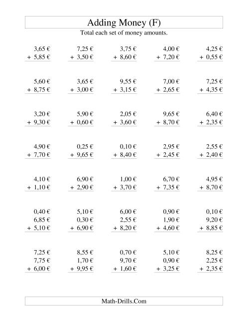 The Adding Euro Money to €10 -- Increments of 5 Euro Cents (F) Math Worksheet