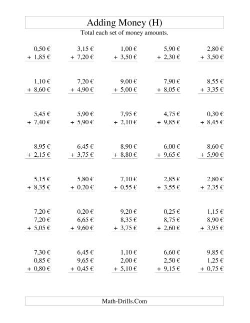 The Adding Euro Money to €10 -- Increments of 5 Euro Cents (H) Math Worksheet