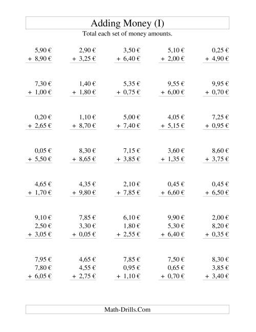 The Adding Euro Money to €10 -- Increments of 5 Euro Cents (I) Math Worksheet