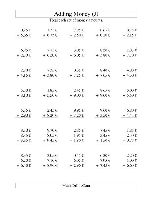 The Adding Euro Money to €10 -- Increments of 5 Euro Cents (J) Math Worksheet