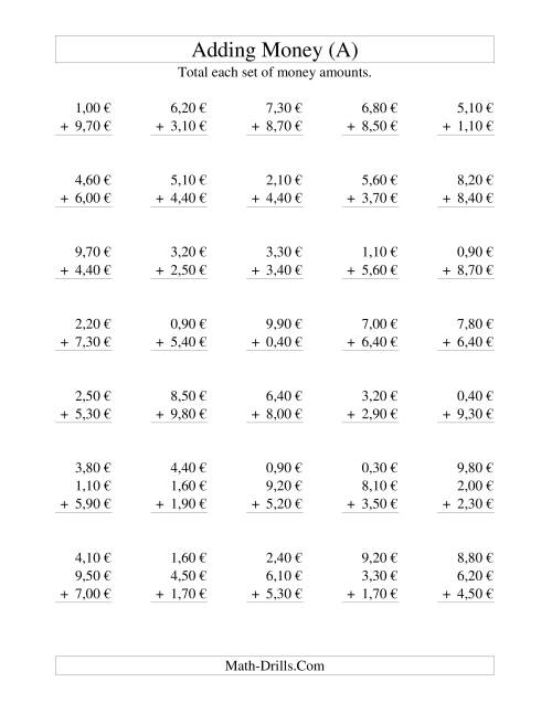 The Adding Euro Money to €10 -- Increments of 10 Euro Cents (A) Math Worksheet