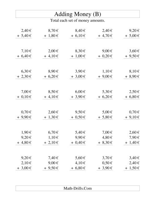 The Adding Euro Money to €10 -- Increments of 10 Euro Cents (B) Math Worksheet