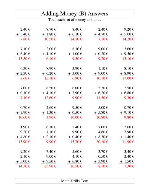 The Adding Euro Money to €10 -- Increments of 10 Euro Cents (B) Math Worksheet Page 2