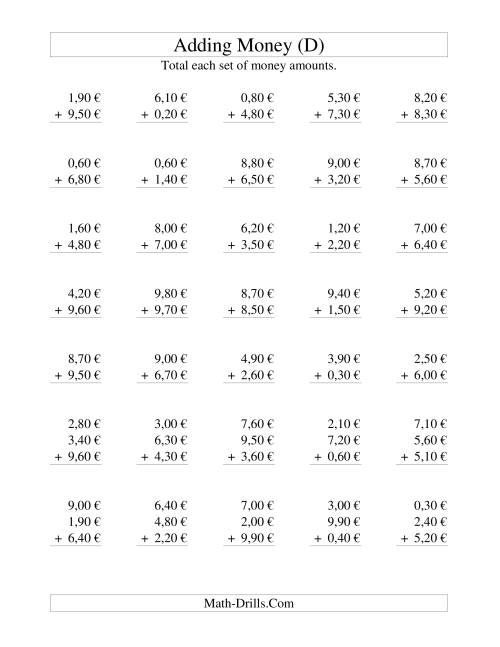 The Adding Euro Money to €10 -- Increments of 10 Euro Cents (D) Math Worksheet