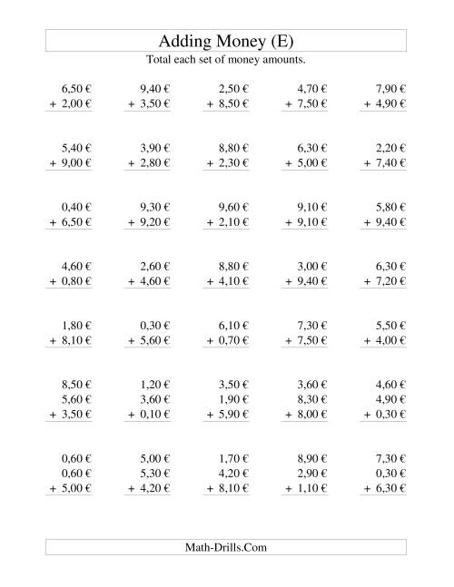 The Adding Euro Money to €10 -- Increments of 10 Euro Cents (E) Math Worksheet