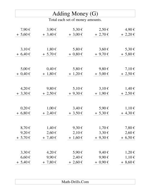 The Adding Euro Money to €10 -- Increments of 10 Euro Cents (G) Math Worksheet