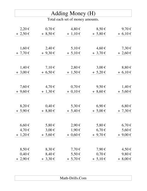 The Adding Euro Money to €10 -- Increments of 10 Euro Cents (H) Math Worksheet