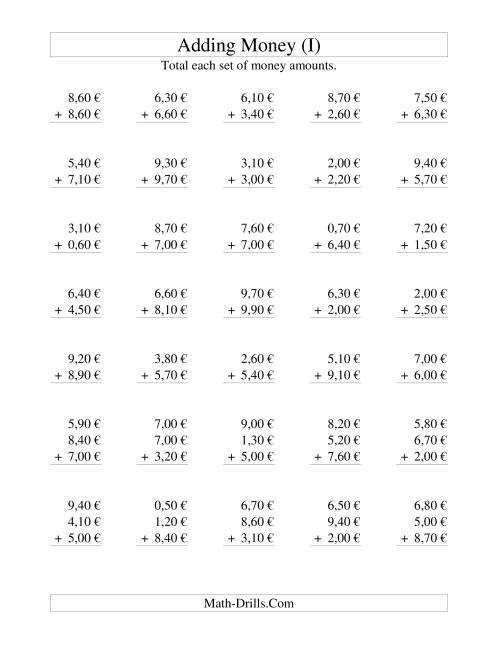 The Adding Euro Money to €10 -- Increments of 10 Euro Cents (I) Math Worksheet