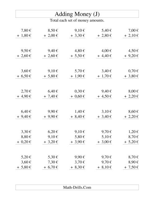 The Adding Euro Money to €10 -- Increments of 10 Euro Cents (J) Math Worksheet