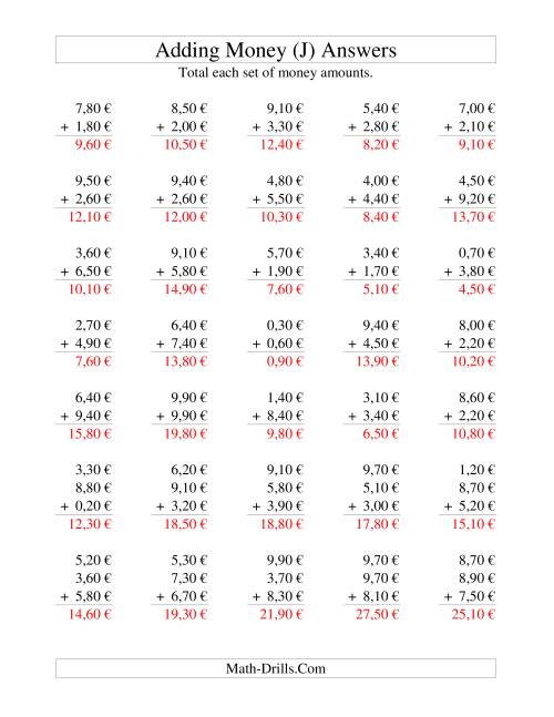 The Adding Euro Money to €10 -- Increments of 10 Euro Cents (J) Math Worksheet Page 2