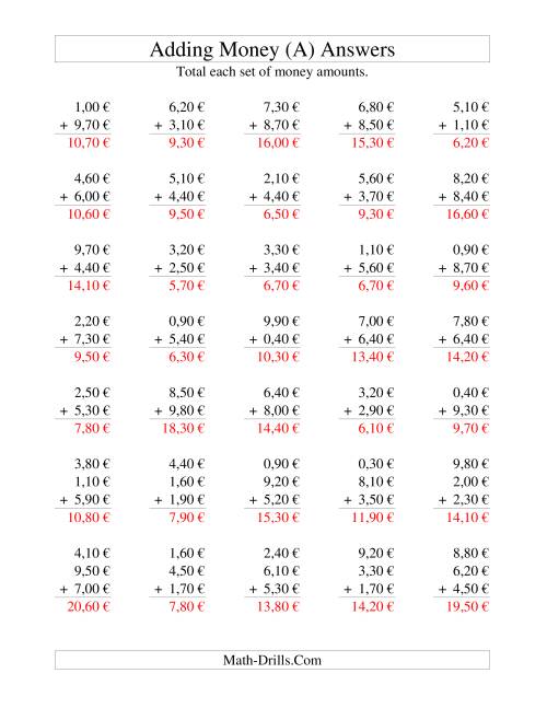 The Adding Euro Money to €10 -- Increments of 10 Euro Cents (All) Math Worksheet Page 2