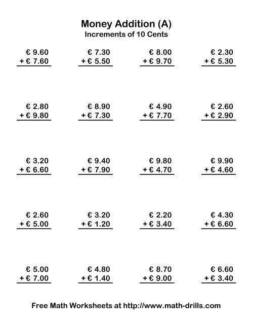 The Adding Euro Money to €10 -- Increments of 10 Euro Cents (Old) Math Worksheet