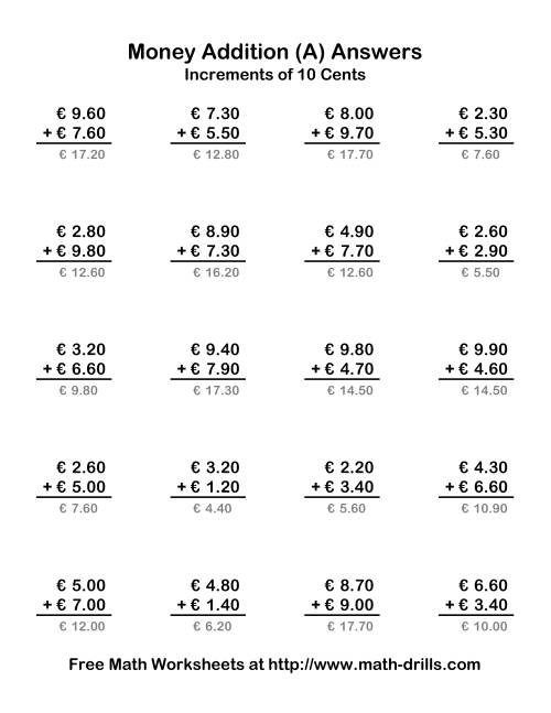 The Adding Euro Money to €10 -- Increments of 10 Euro Cents (Old) Math Worksheet Page 2