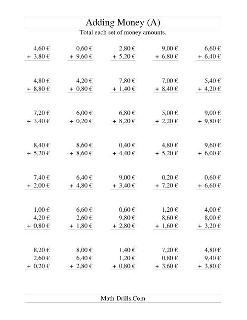The Adding Euro Money to €10 -- Increments of 20 Euro Cents (A) Math Worksheet