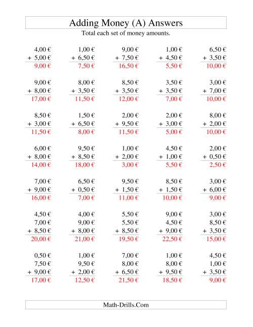 The Adding Euro Money to €10 -- Increments of 50 Euro Cents (A) Math Worksheet Page 2