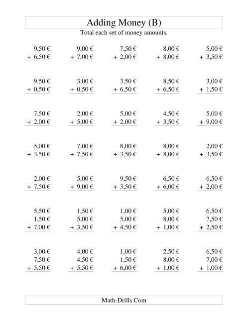 The Adding Euro Money to €10 -- Increments of 50 Euro Cents (B) Math Worksheet