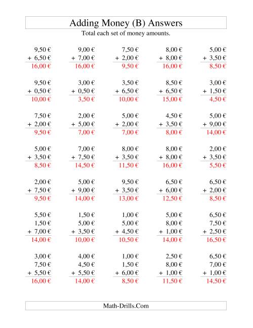 The Adding Euro Money to €10 -- Increments of 50 Euro Cents (B) Math Worksheet Page 2