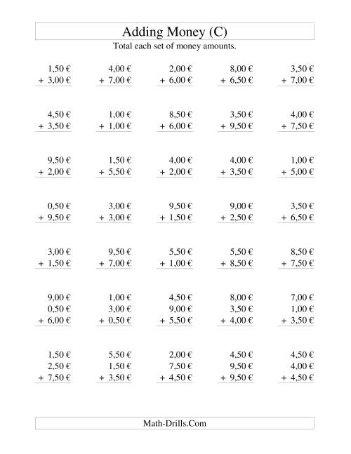 The Adding Euro Money to €10 -- Increments of 50 Euro Cents (C) Math Worksheet