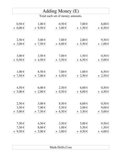 The Adding Euro Money to €10 -- Increments of 50 Euro Cents (E) Math Worksheet