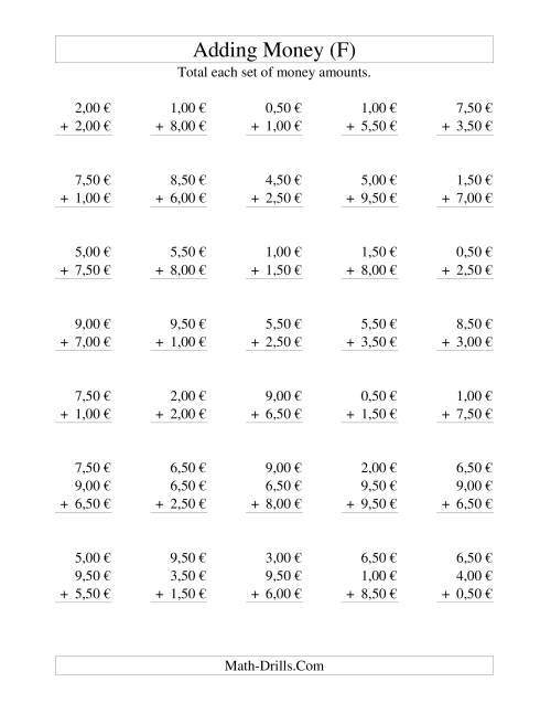 The Adding Euro Money to €10 -- Increments of 50 Euro Cents (F) Math Worksheet
