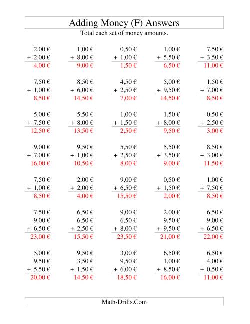 The Adding Euro Money to €10 -- Increments of 50 Euro Cents (F) Math Worksheet Page 2