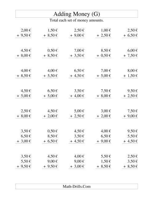 The Adding Euro Money to €10 -- Increments of 50 Euro Cents (G) Math Worksheet