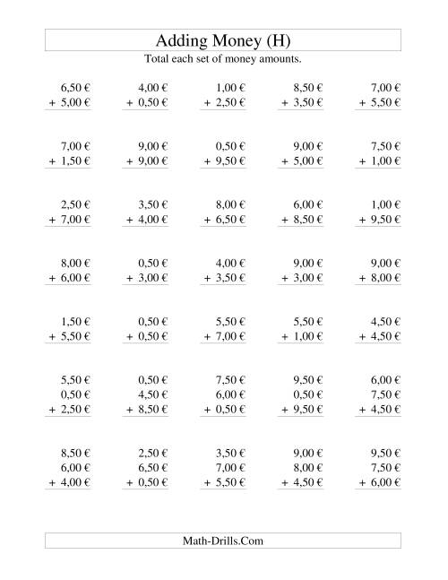 The Adding Euro Money to €10 -- Increments of 50 Euro Cents (H) Math Worksheet