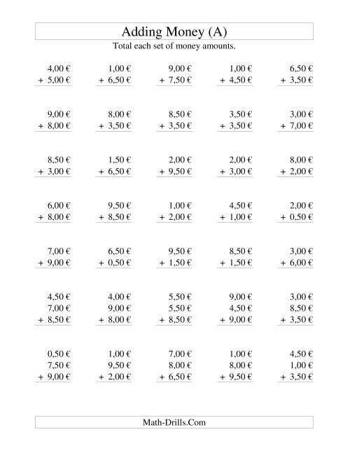 The Adding Euro Money to €10 -- Increments of 50 Euro Cents (All) Math Worksheet