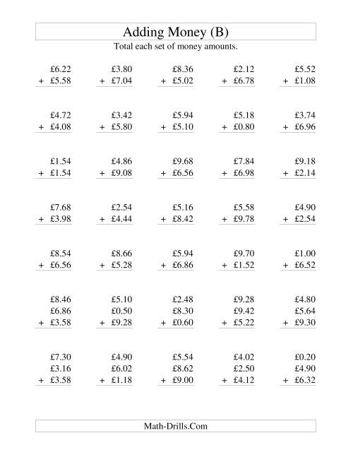 The Adding British Money to £10 -- Increments of 2 Pence (B) Math Worksheet