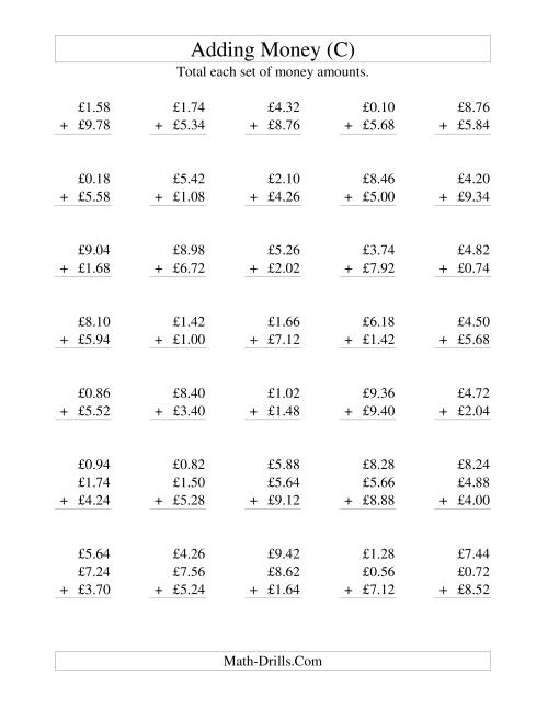 The Adding British Money to £10 -- Increments of 2 Pence (C) Math Worksheet