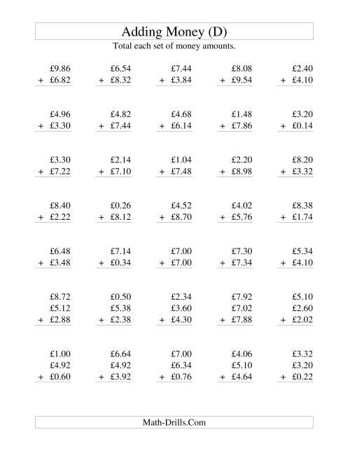 The Adding British Money to £10 -- Increments of 2 Pence (D) Math Worksheet