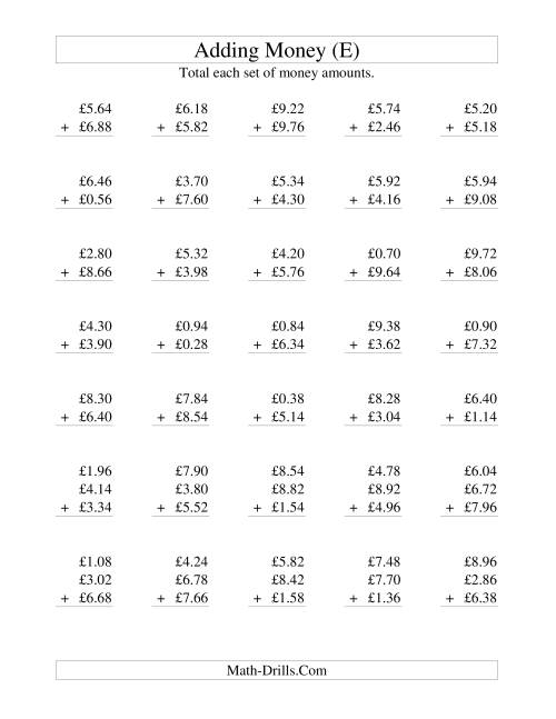 The Adding British Money to £10 -- Increments of 2 Pence (E) Math Worksheet
