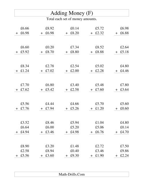 The Adding British Money to £10 -- Increments of 2 Pence (F) Math Worksheet