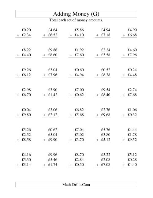 The Adding British Money to £10 -- Increments of 2 Pence (G) Math Worksheet