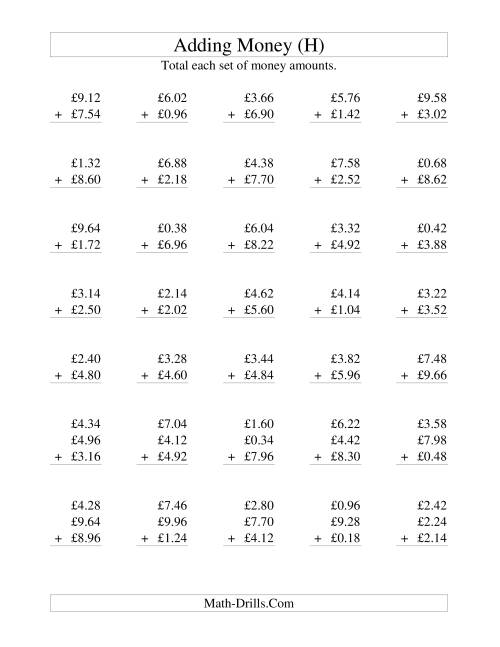 The Adding British Money to £10 -- Increments of 2 Pence (H) Math Worksheet