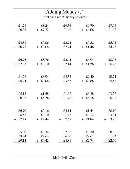 The Adding British Money to £10 -- Increments of 2 Pence (J) Math Worksheet