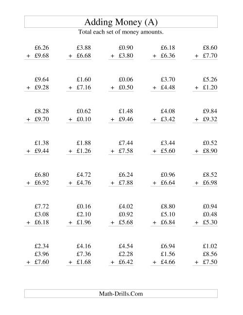 The Adding British Money to £10 -- Increments of 2 Pence (All) Math Worksheet