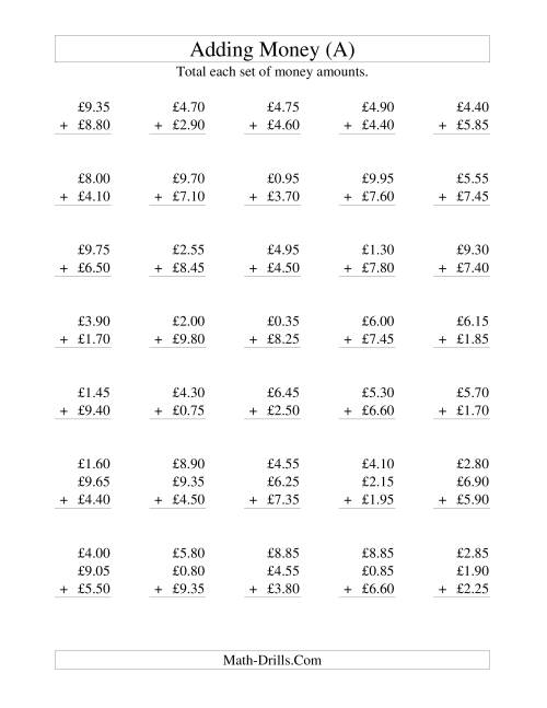 The Adding British Money to £10 -- Increments of 5 Pence (A) Math Worksheet