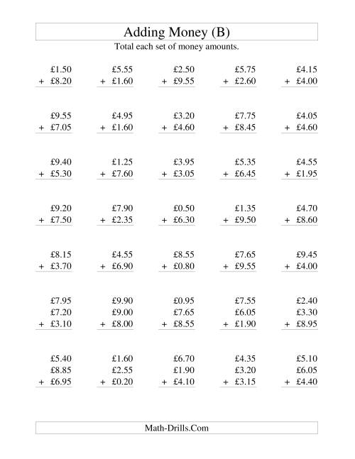 The Adding British Money to £10 -- Increments of 5 Pence (B) Math Worksheet
