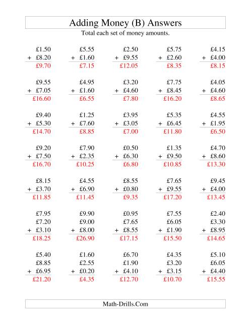 The Adding British Money to £10 -- Increments of 5 Pence (B) Math Worksheet Page 2