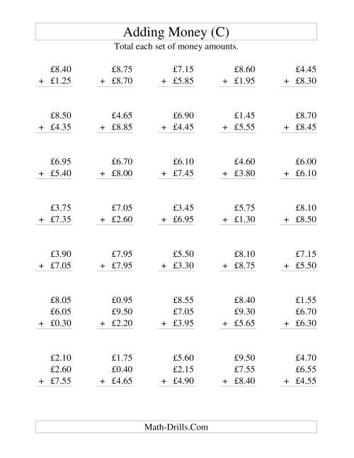 The Adding British Money to £10 -- Increments of 5 Pence (C) Math Worksheet