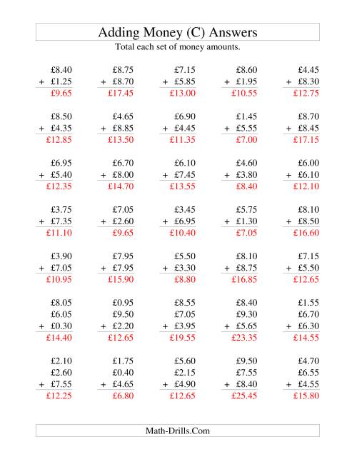 The Adding British Money to £10 -- Increments of 5 Pence (C) Math Worksheet Page 2