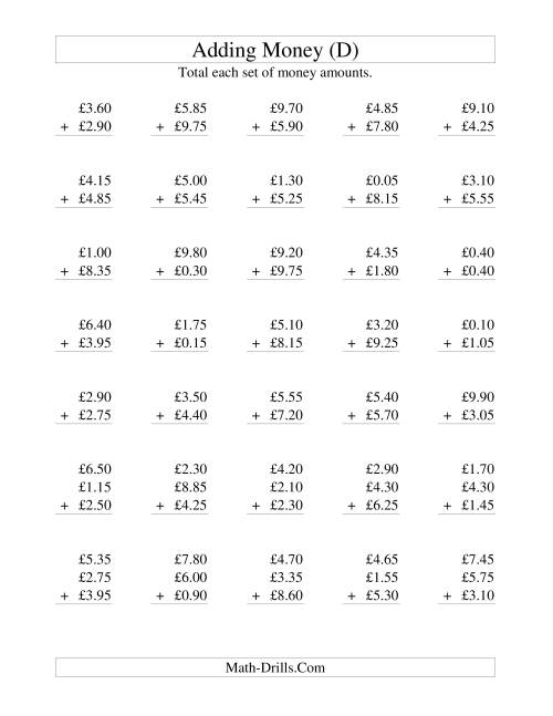 The Adding British Money to £10 -- Increments of 5 Pence (D) Math Worksheet