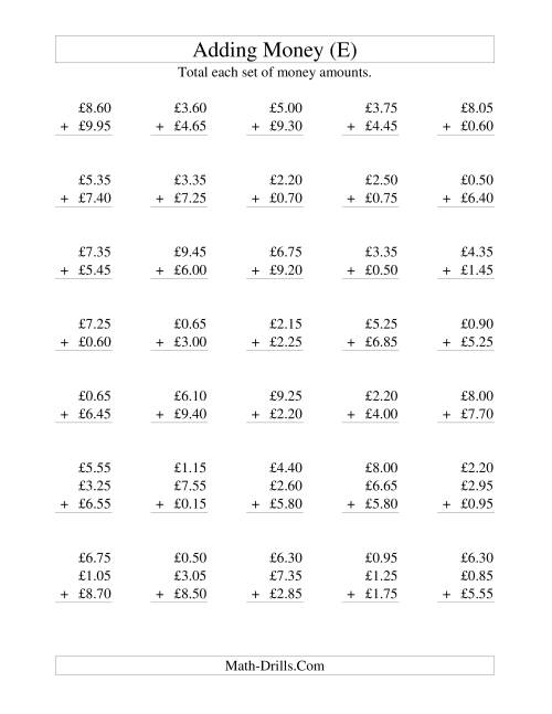 The Adding British Money to £10 -- Increments of 5 Pence (E) Math Worksheet