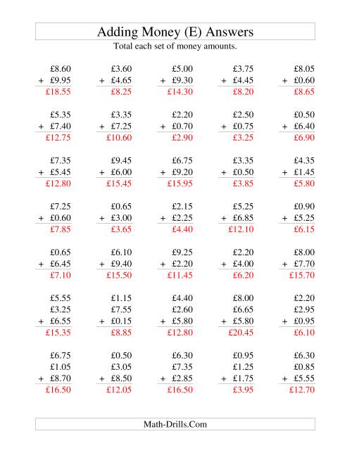 The Adding British Money to £10 -- Increments of 5 Pence (E) Math Worksheet Page 2